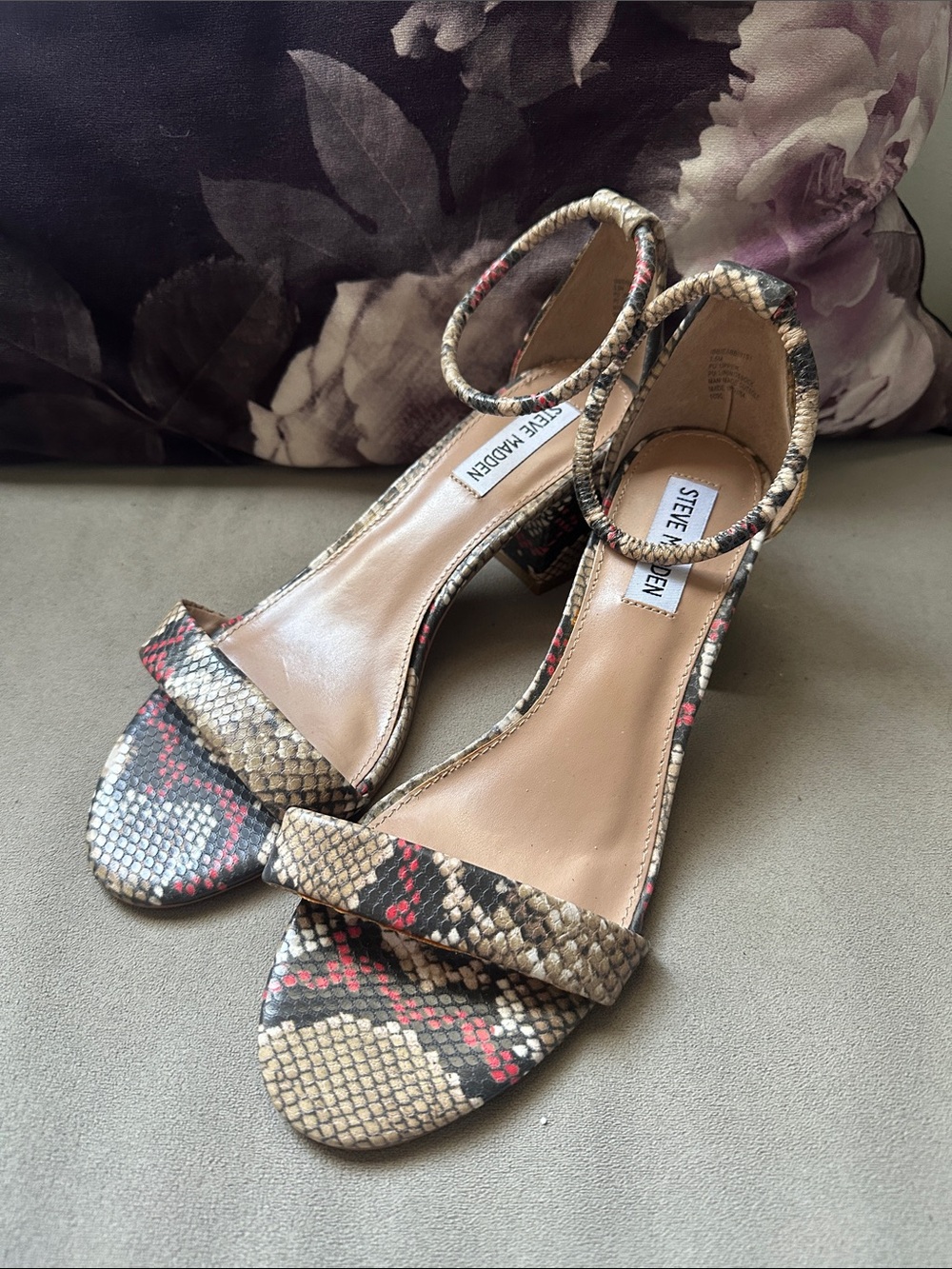 Steve Madden Beige and Red Snake-Print Ankle Strap Heels